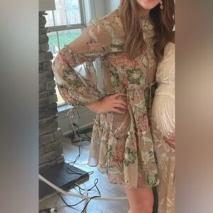 Princess Polly Beige Floral Mini Dress with Pink and Green Accents